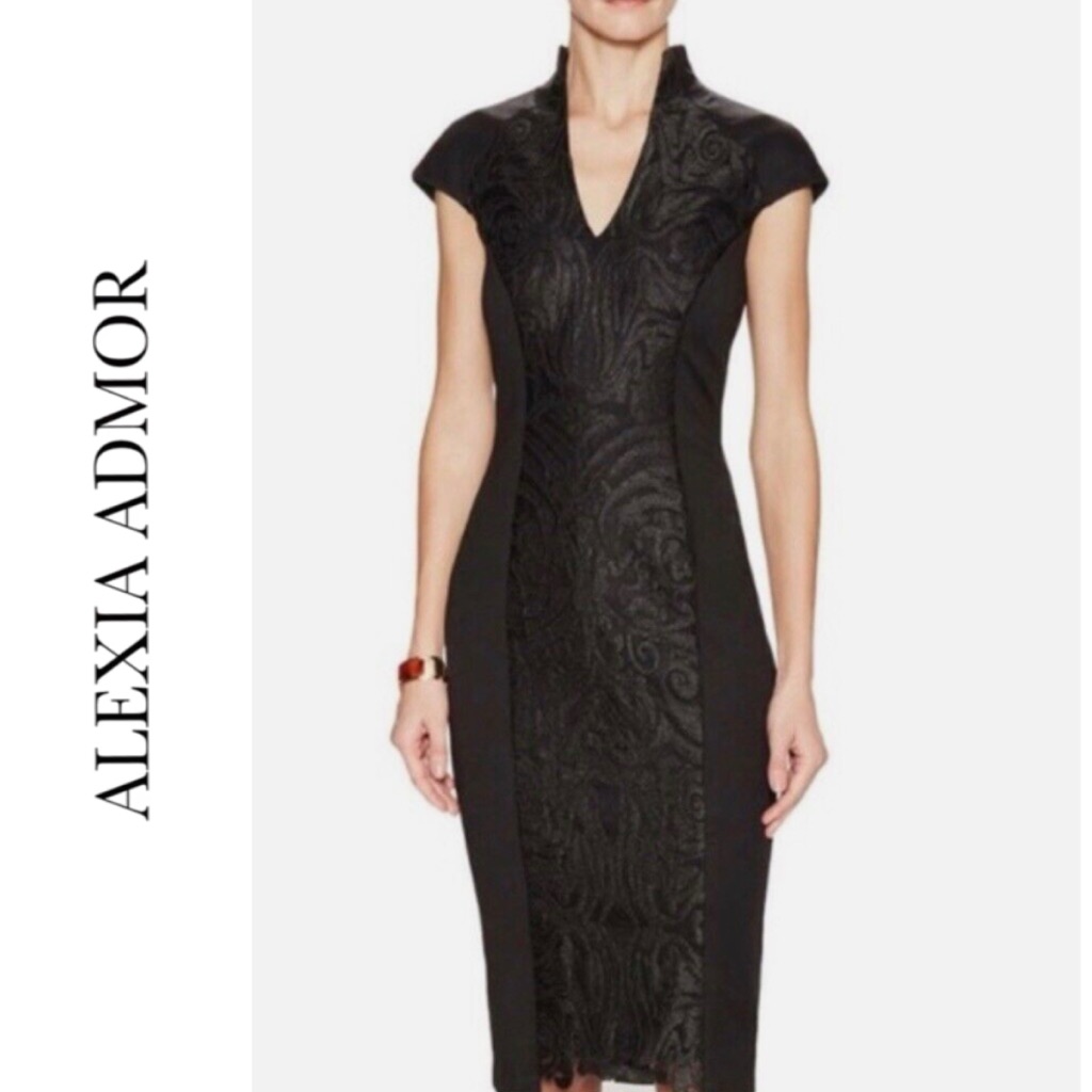 Alexia Admor Black Sheath Dress With V-Neck And Flutter Cap Sleeves